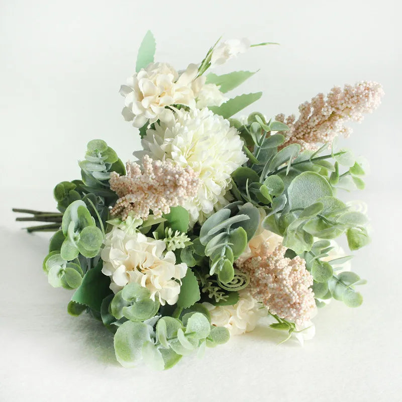 Meldel Wedding Flower Bouquet Artificial Silk Rose Lucky Ball Flower Home Wedding Decor Bride Bouquet Forest Style Eucalyptus