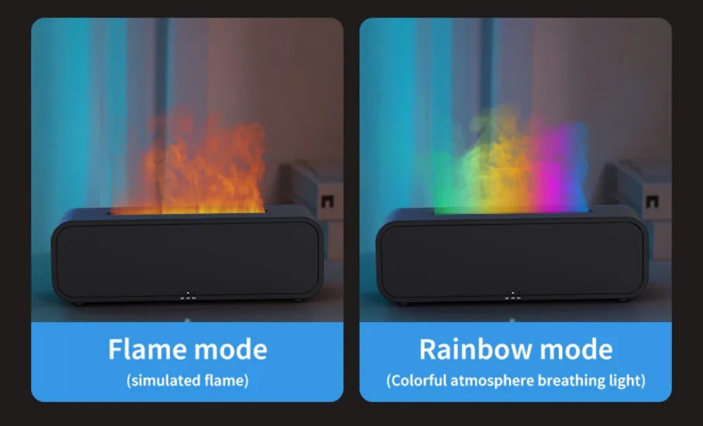 Luftbefeuchter mit Flammen-Aromatherapie-Diffusor, der ätherische Öle in 7 Farben aufnehmen kann, mit Timer und USB-Anschluss für den Schreibtisch.