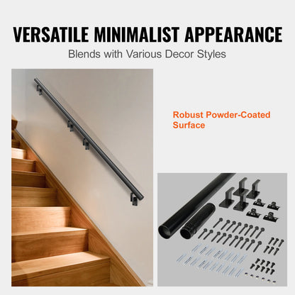 VEVOR 4/5/7/12 ft Handrail Stair Railing 440 LBS Wall Mount Stairway Hand Rail with Installation Kit for Indoor Outdoor Stairs