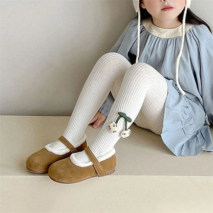 Girls Cotton Tights with Cherry Pattern - Soft Pantyhose for Kids Ages 2-10 Years