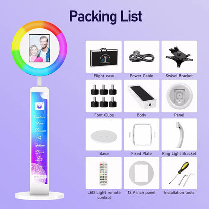 iPad Photo Booth Selfie-Maschine Shell Verstellbarer Ständer Photobooth mit LED-Ringlicht Individuelles LOGO für Hochzeitspartys und Events