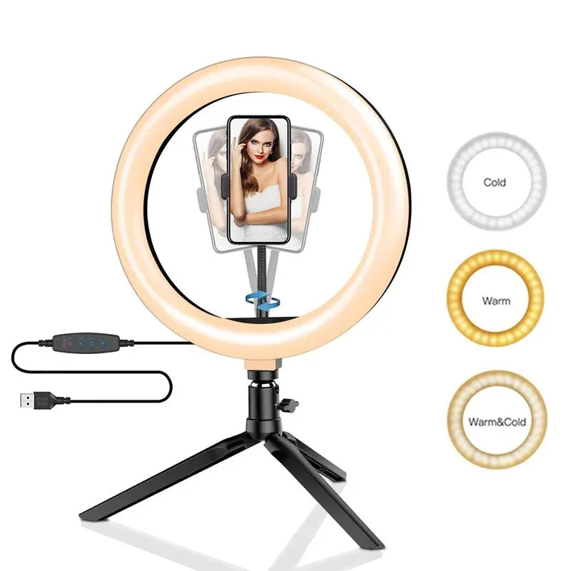 10" 26cm Dimmable LED Ring Light Kit with Tripod – 120 Beads USB Selfie & Live Streaming Lamp for Photography, Video & Makeup