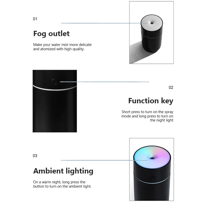 Colorful Portable Air Humidifier USB Rechargeable Wireless Home Car Mini Air Atomizer Aroma humidificador Essential Oil Diffuser