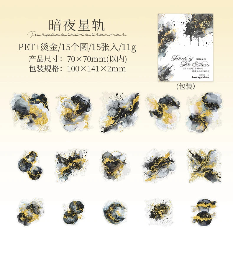 15 Pcs Creative Watercolor smudging hot stamping Stickers hand tent DIY Stick Labels Scrapbooking Material Junk Journal Supplies