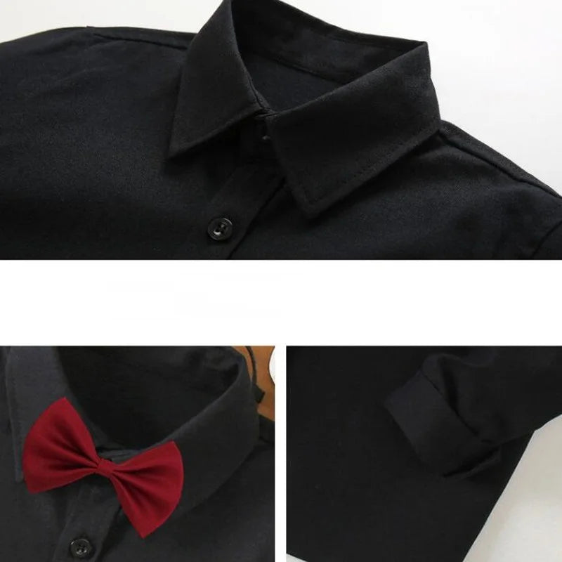 Boys White Black Long Sleeve Formal Shirt - Kids School Uniform Party Performance Blouse | Ages 1-12+