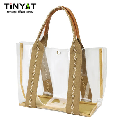 TINYAT Khaki Bohemian Style Clear PVC Tote Bag for Women, Transparent Shopper Clutch Purse for Daily Use and Music Festivals