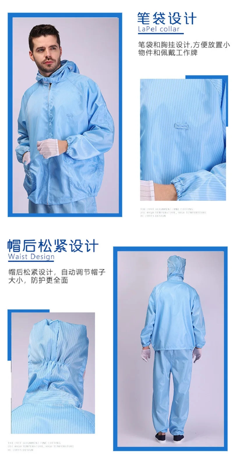 Isolations-Arbeitskleidung vom geteilten Typ. Wiederverwendbare, antistatische Unisex-Sicherheitskleidung mit Taschen. Staubdichte, saubere Lackmaterialien