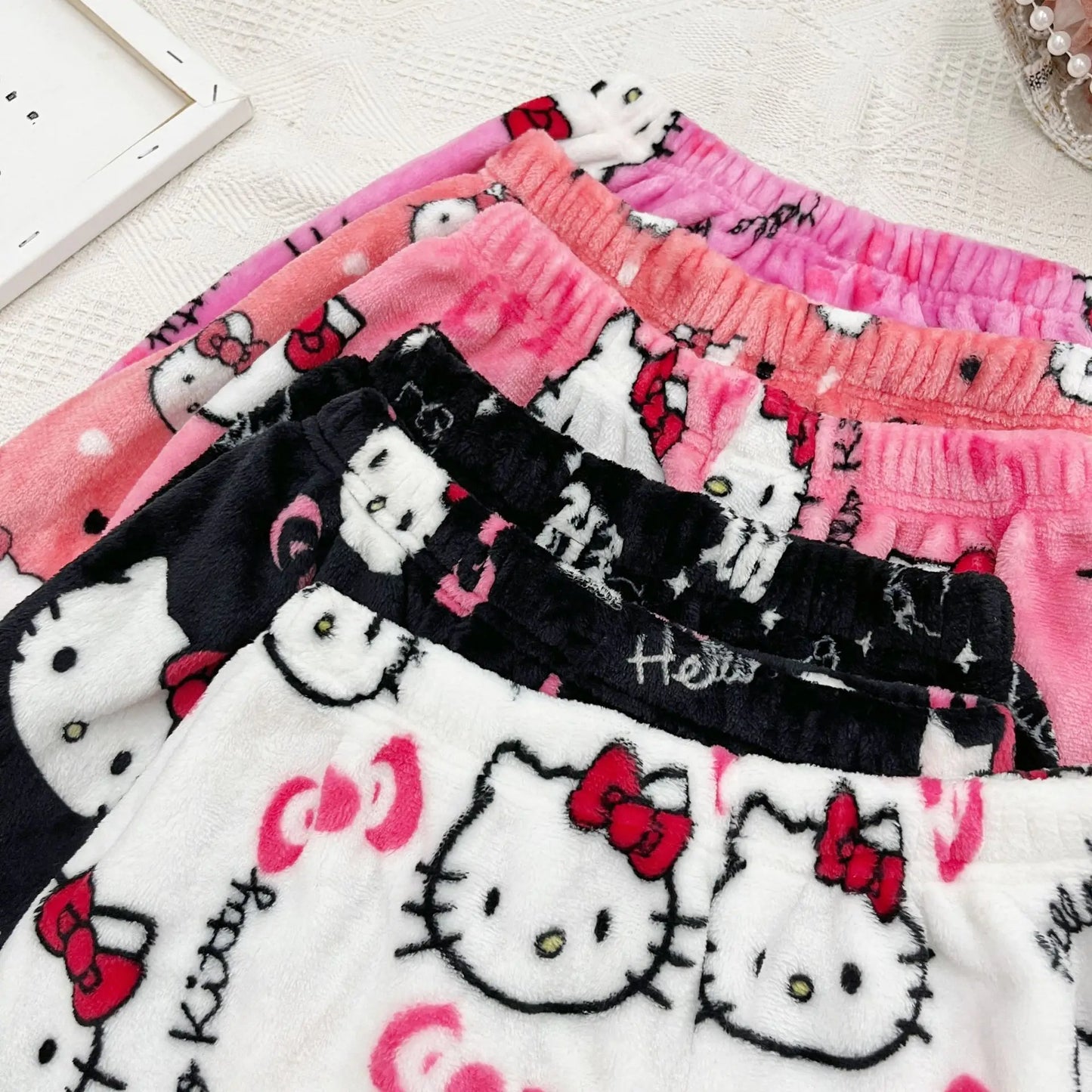 Halloween Cartoon Hello Kitty Flannel Pajamas Women's Autumn and Winter Plus Velvet Warm Casual Home Graffiti Pants