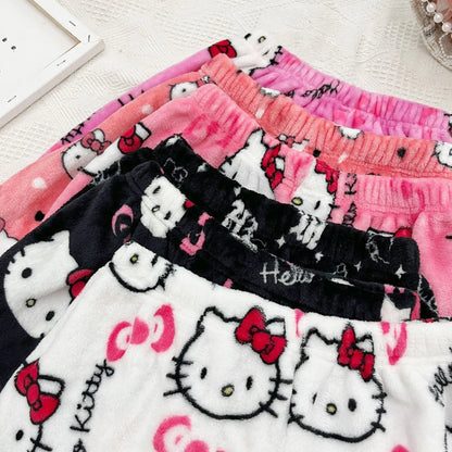 Halloween Cartoon Hello Kitty Flannel Pajamas Women's Autumn and Winter Plus Velvet Warm Casual Home Graffiti Pants
