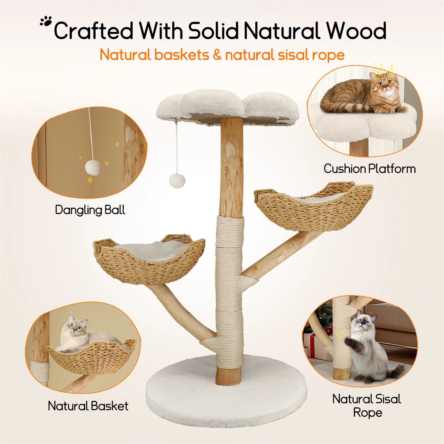 Modern Cat Tree Activity Tower with Plush Cushion and Toy Ball Sisal Scratching Post Kitten Play House for Indoor