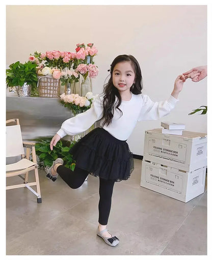 Kids Autumn Leggings Children Cute Thin Style Yarn Skirt Kids Solid Color Bow Skinny Pants