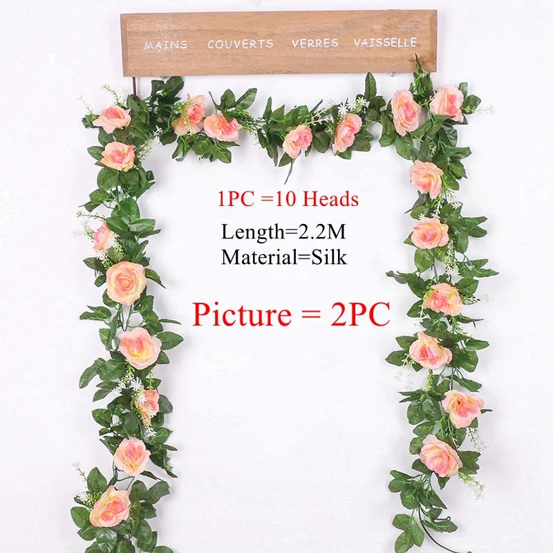 2.2M Artificial Rose Vine with 10 Blooms White pink  Faux Floral  Hanging Decor for Wedding Indoor Durable Plastic Plant