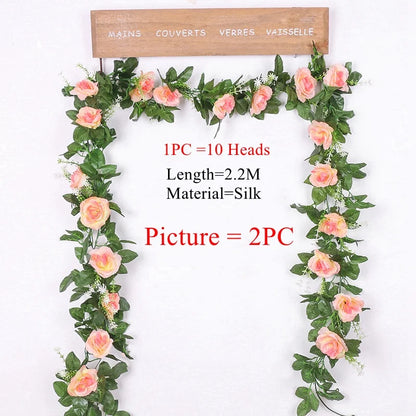 2.2M Artificial Rose Vine with 10 Blooms White pink  Faux Floral  Hanging Decor for Wedding Indoor Durable Plastic Plant