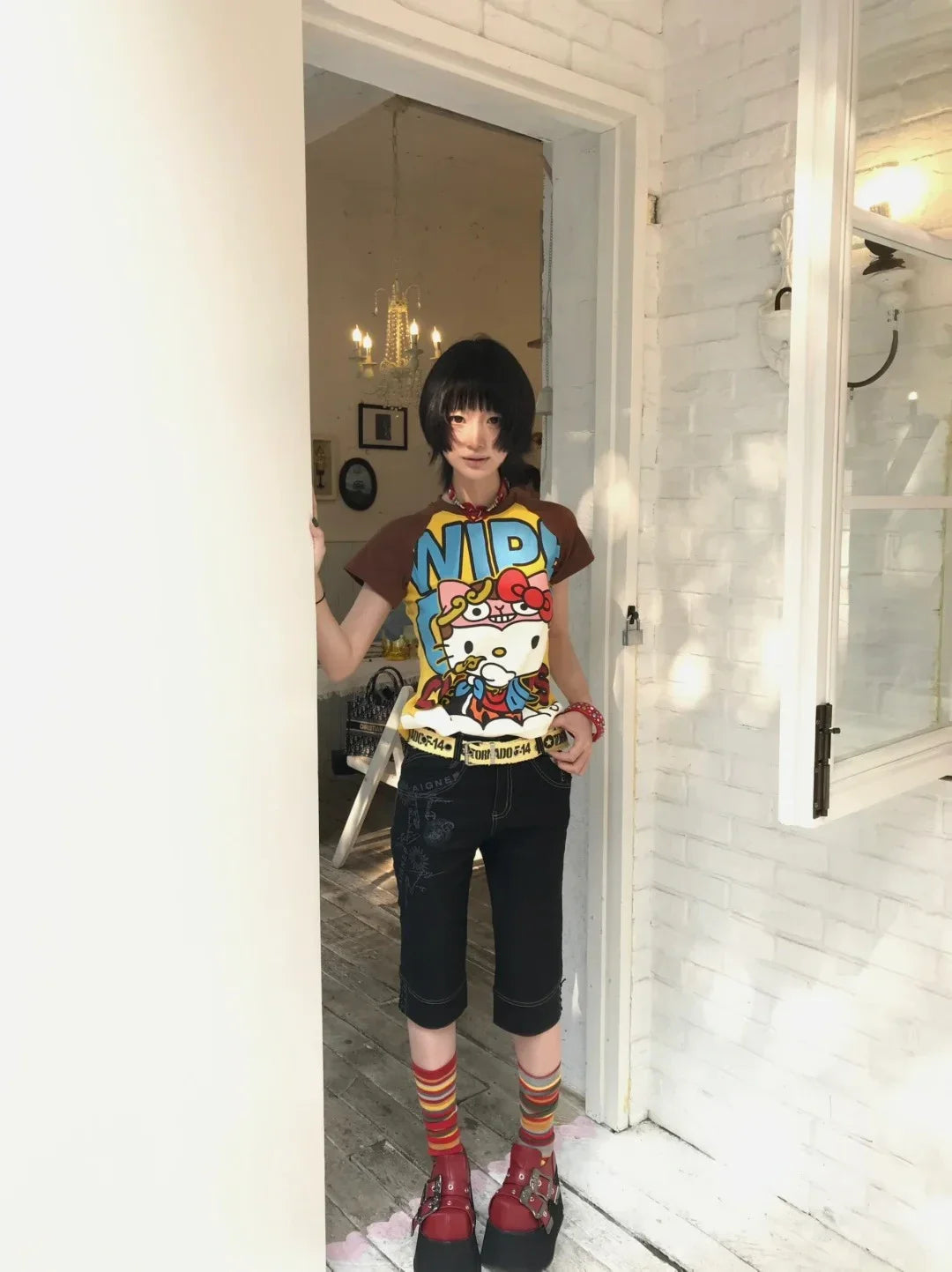 Y2K Sanrio Hello Kitty New Anime Fashion Short Tops Summer Cute Tees Cartoon Printed High Street Gothic Short Hottie T-shirts