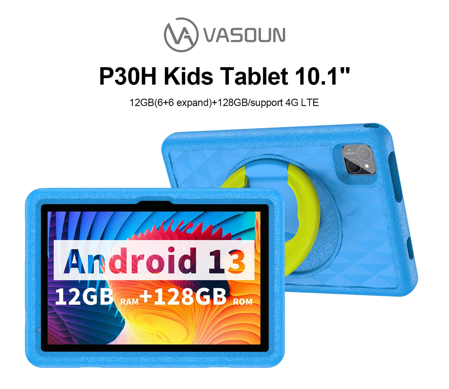 10.1 Inch Tablet for Kids, Android 13, Octa-Core, 4G LTE Dual SIM, Parental Control, 12GB RAM(6+6 Expand)/128 GB Storage