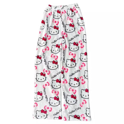Halloween Cartoon Hello Kitty Flannel Pajamas Women's Autumn and Winter Plus Velvet Warm Casual Home Graffiti Pants
