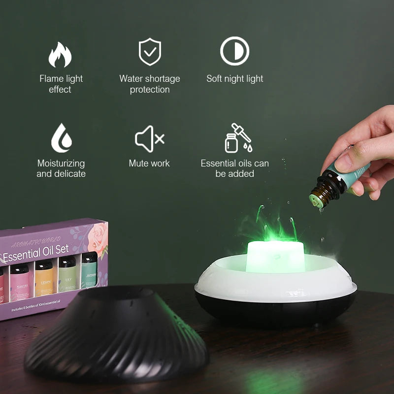 KINSCOTER Vulkanischer Aroma-Diffusor mit ätherischer Öllampe (130 ml), USB-Anschluss, tragbarer Luftbefeuchter mit farbigem Flammen-Nachtlicht