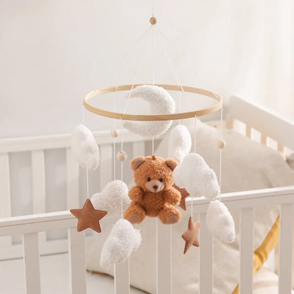 Wooden Crib Mobile Baby Bed Bell Rattle Toy Soft Felt Cartoon Bear Mobile Hanging Newborn Music Box Bed Bell Hanging Bracket Toy