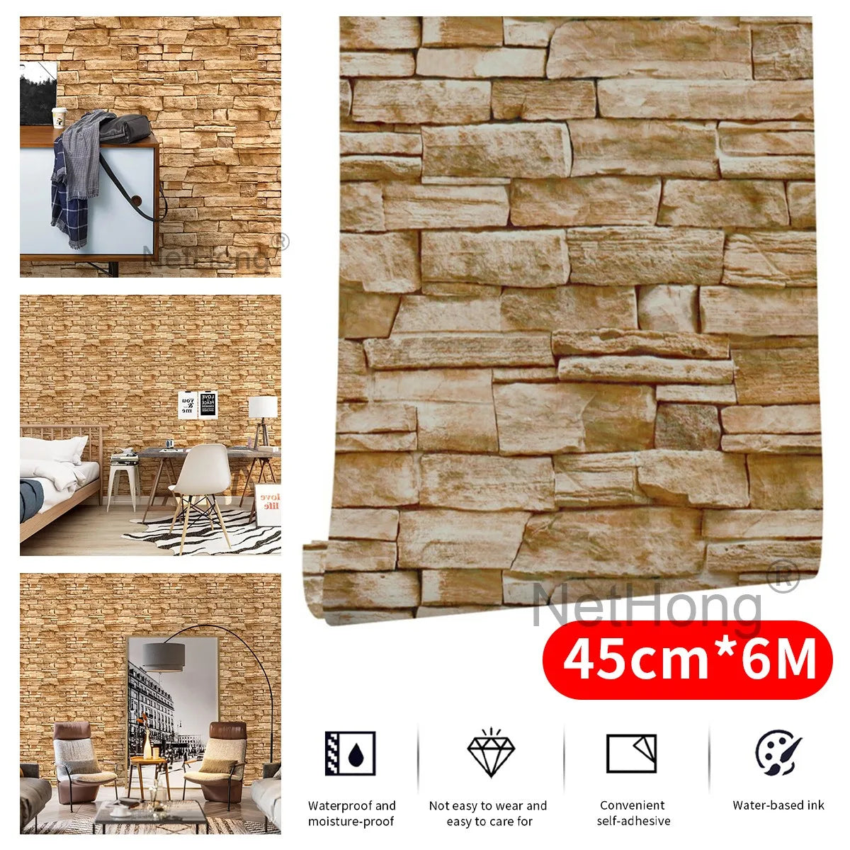 6M Vinyl Orange-brown Brick Wallpaper Stickers Self Adhesive Paper Waterproof