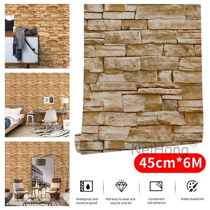 6M Vinyl Orange-brown Brick Wallpaper Stickers Self Adhesive Paper Waterproof