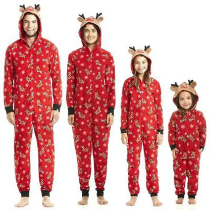 Christmas Family Matching Onesie - Elk Print Hooded Jumpsuit Pyjamas for Mom Dad Kids