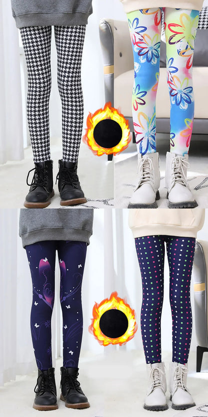 Girls Winter Leggings - Warm Plush Thickened Butterfly Print Pants for Kids