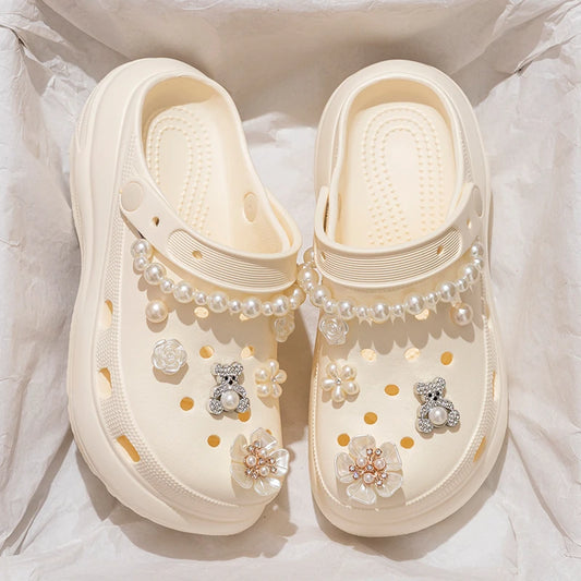 Pearl Chain Chunky Platform Sandals Women 2025 Summer Thick Bottom Beach Clogs Shoes Woman Fashion Flower Decor EVA Garden Shoes