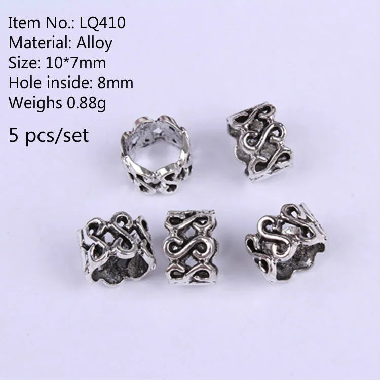5 Pcs Antique Silver Hair Braid Dread Dreadlock Beads Cuffs Tuber Approx 8mm Inner Hole for Hair Styling Accessories Tool
