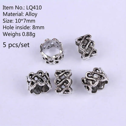 5 Pcs Antique Silver Hair Braid Dread Dreadlock Beads Cuffs Tuber Approx 8mm Inner Hole for Hair Styling Accessories Tool