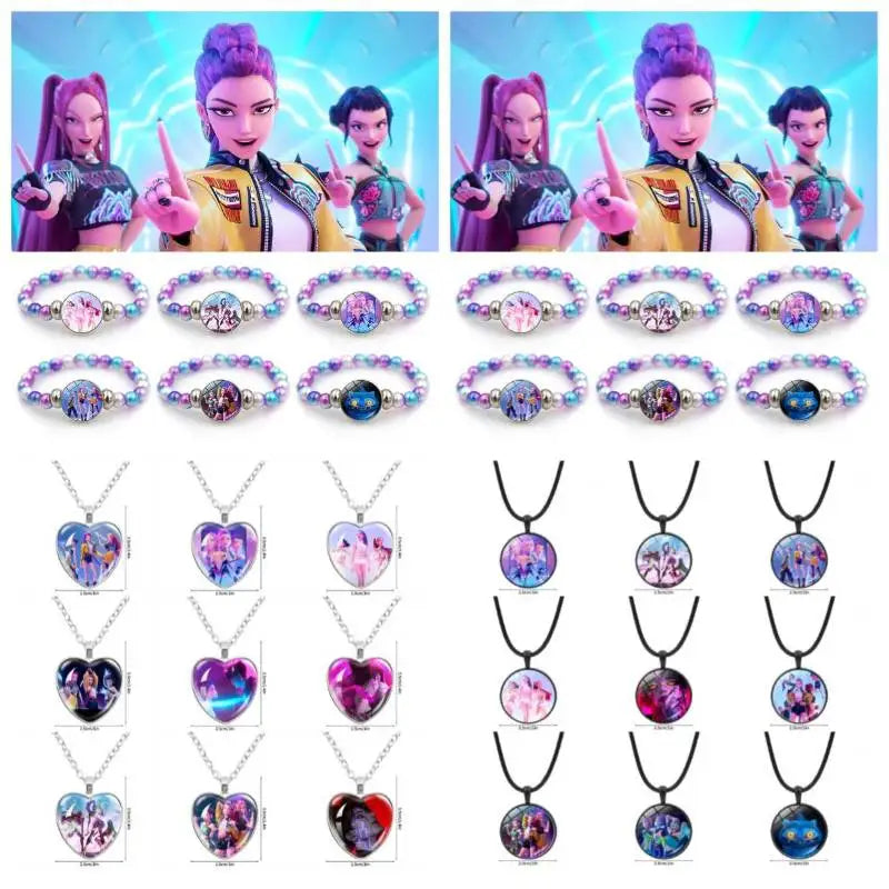 Kpop Demon Hunter Hanging Keychains Heart Necklace Bracelet Set Kpop Huntrix Character Pendant Accessories Fans Party Favor Gift