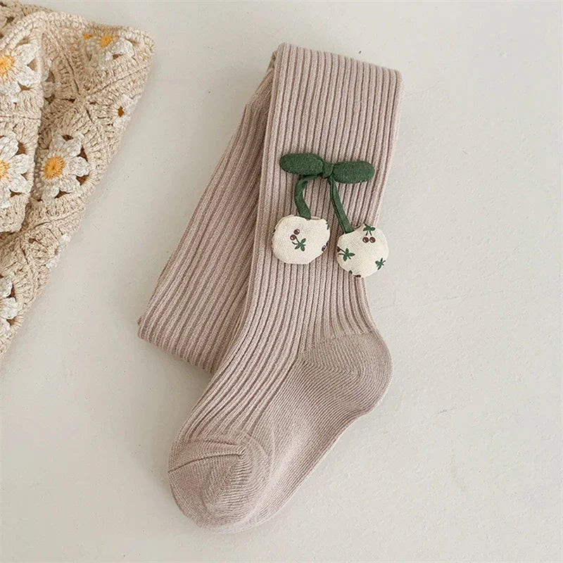 Girls Cotton Tights with Cherry Pattern - Soft Pantyhose for Kids Ages 2-10 Years