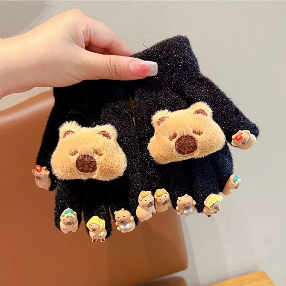 Kids Winter Gloves - 3D Capybara Plush Warm Gloves for Boys & Girls | Cold Weather Mittens