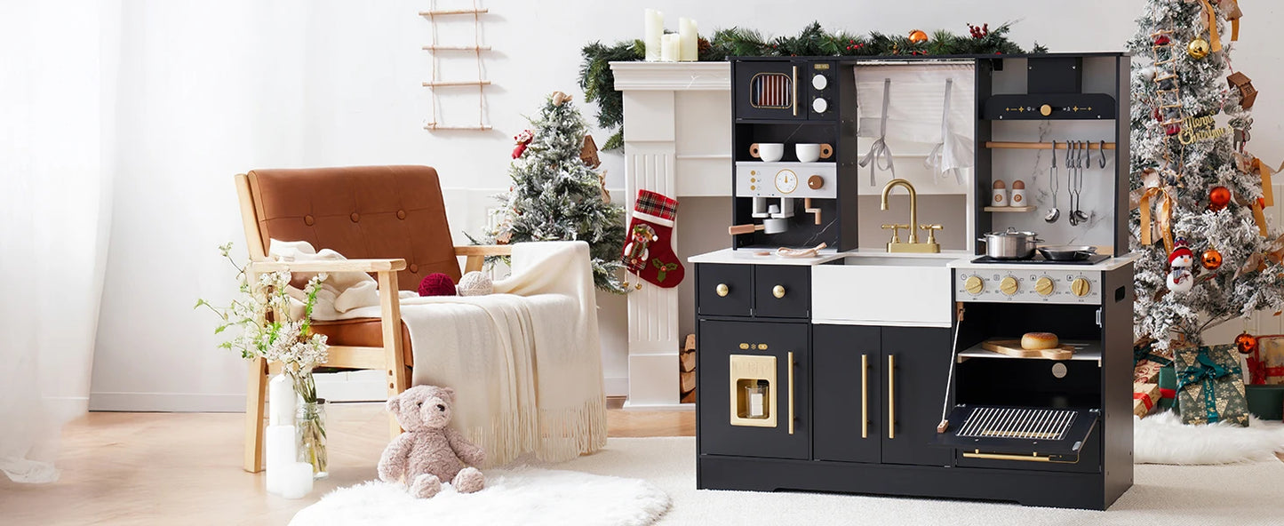 ROBOTIME Wooden Play Kitchen Toy Kitchen Set with Ice Maker and Coffee Machine Realistic Kitchen Set Gift for Toddlers