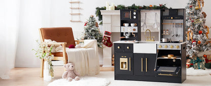 ROBOTIME Wooden Play Kitchen Toy Kitchen Set with Ice Maker and Coffee Machine Realistic Kitchen Set Gift for Toddlers