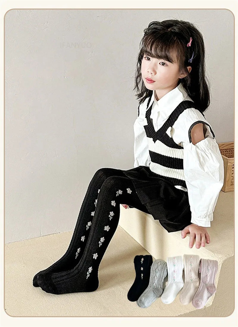 1-12Years Kids Autumn Elastic Tights Jacquard Soft Teenager Leggings Girls Knit Cotton Pantyhose Sweet Cute Baby Bottom Clothes