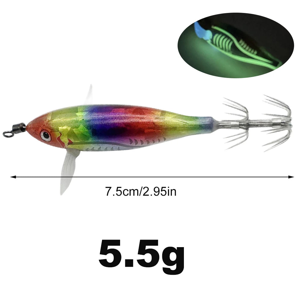 Horizontal wood Shrimp 5.5g Laser Luminous Floating Egi lure Squid Jigging Shrimp Octopus Cuttlefish Night Fishing Baits Sea