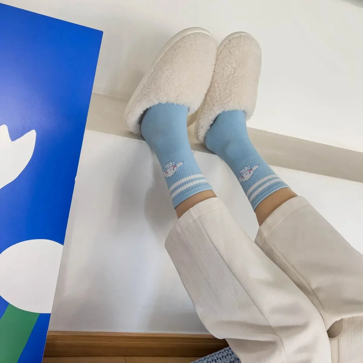 1pair Miniso Cinnamoroll Cartoon socks girl's blue combed cotton mid-tube stockings cute sanrio puppy stockings