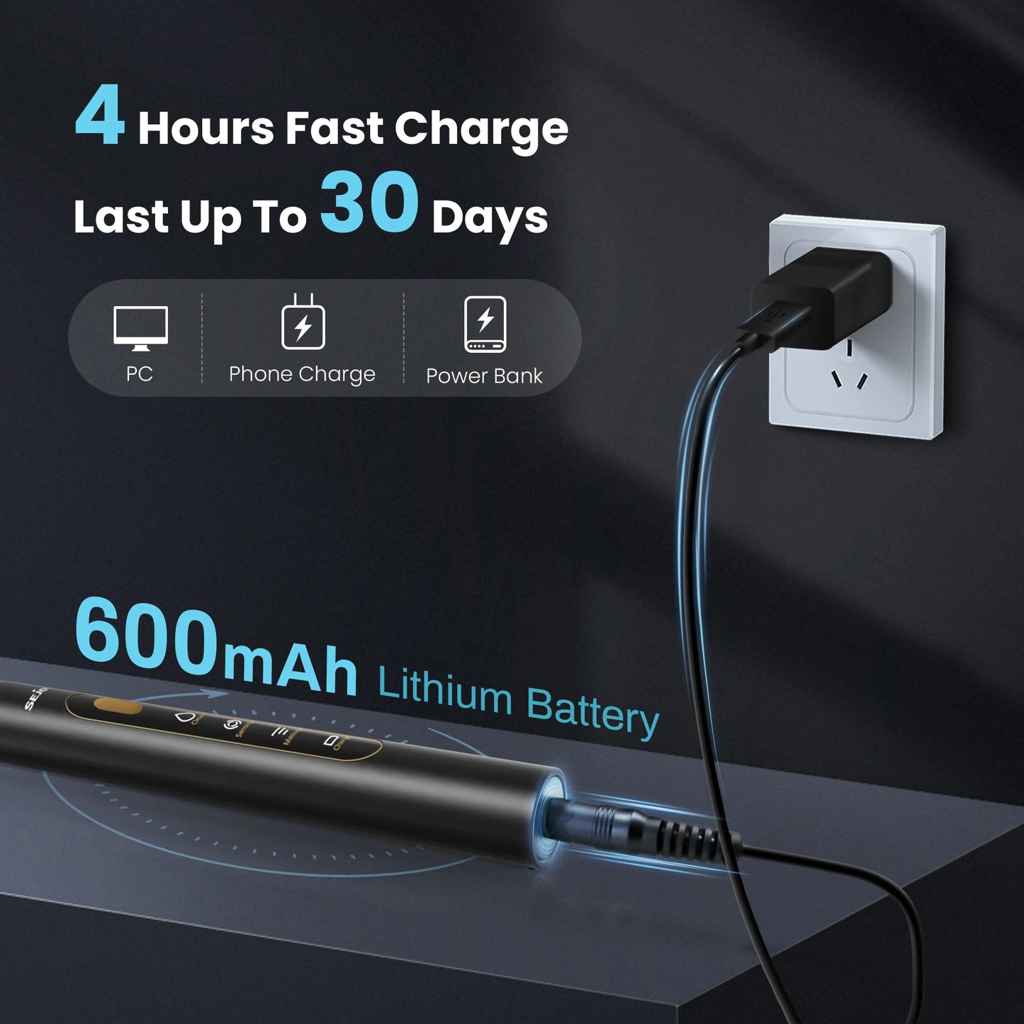 Sejoy Electric Toothbrush for Adults IPX7 Waterproof DuPont Brush Head USB Rechargeable High Frequency Cleaning 3 Cleaning Modes