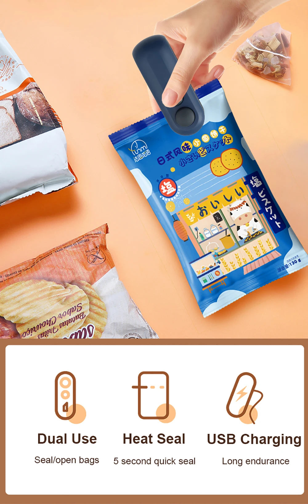 Mini Sealing Machine 2IN1 Heat Sealer Storage Bag Package Plastic Food Sealer USB Rechargable Clip Bag Handheld Food Heat Sealer