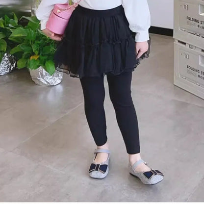 Kids Autumn Leggings Children Cute Thin Style Yarn Skirt Kids Solid Color Bow Skinny Pants