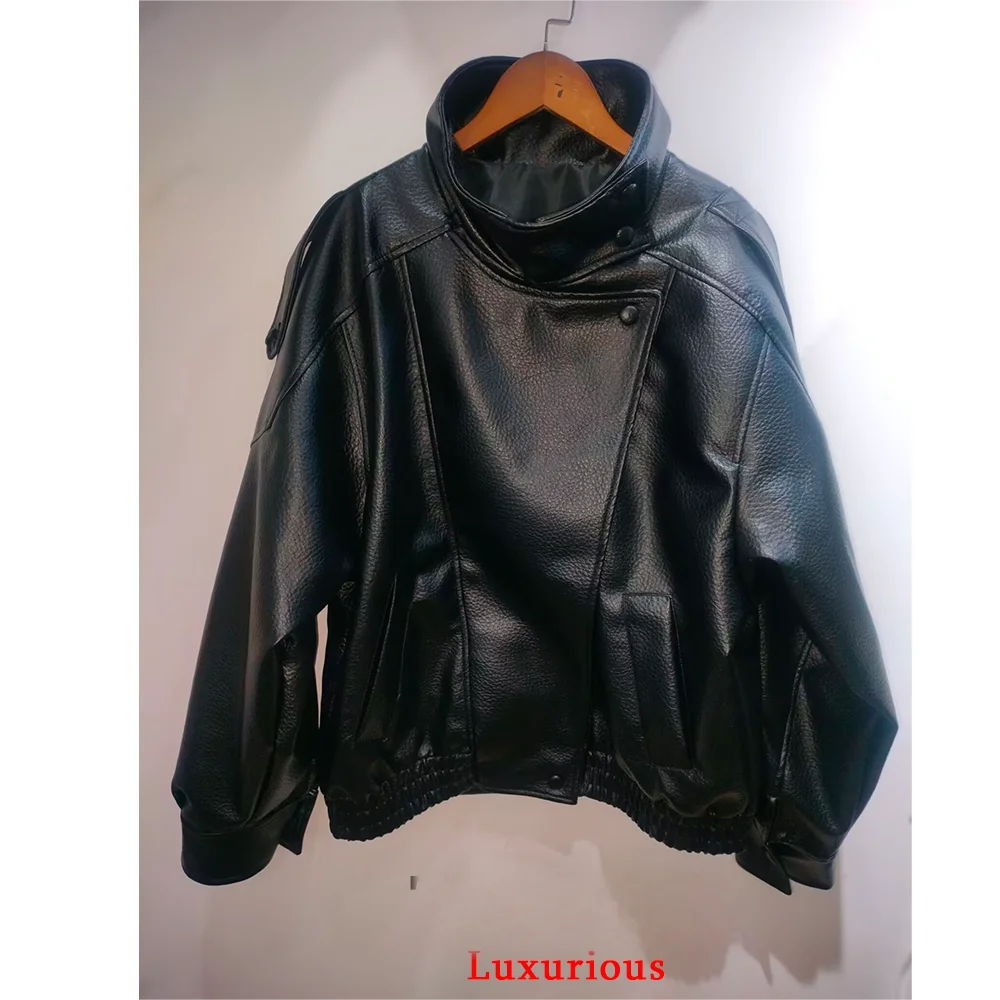 KONDALA Casual Chic Black Leather Jackets Women Long Sleeve Buttons Elastic Oversized Coats Fashion 2026 Spring Streetwear Coats