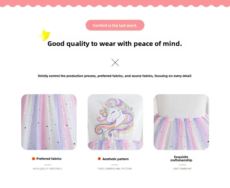 2024 Girls Long Sleeve Unicorn Birthday Dress Casual Children's Wear Rainbow Princess Skirt Sequins Mesh Gown