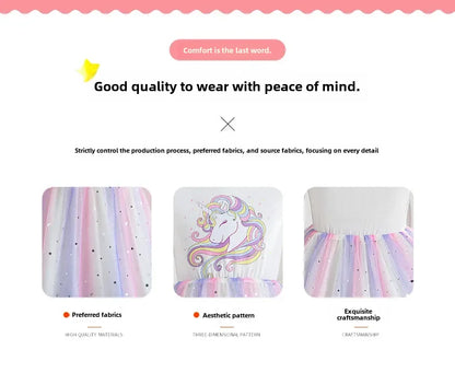 2024 Girls Long Sleeve Unicorn Birthday Dress Casual Children's Wear Rainbow Princess Skirt Sequins Mesh Gown