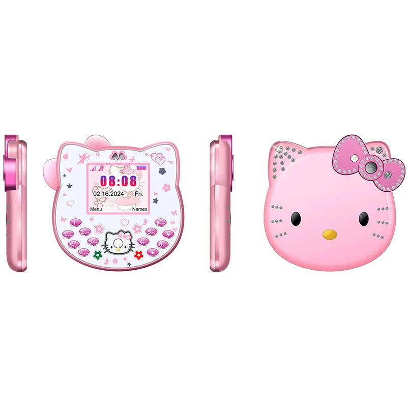 2024Hot miniso Hello Kitty Kawaii Mini Flip Phone I68 Girl Mobile Phone Student Anime Phone Music Mobile Phone Kid Birthday Gift
