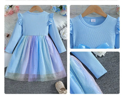 Girls Dress Blue Autumn Princess Dress Kids Clothes Birthday Party Dress Pink Long-sleeved for Children Fashion Rainbow 1-6Y