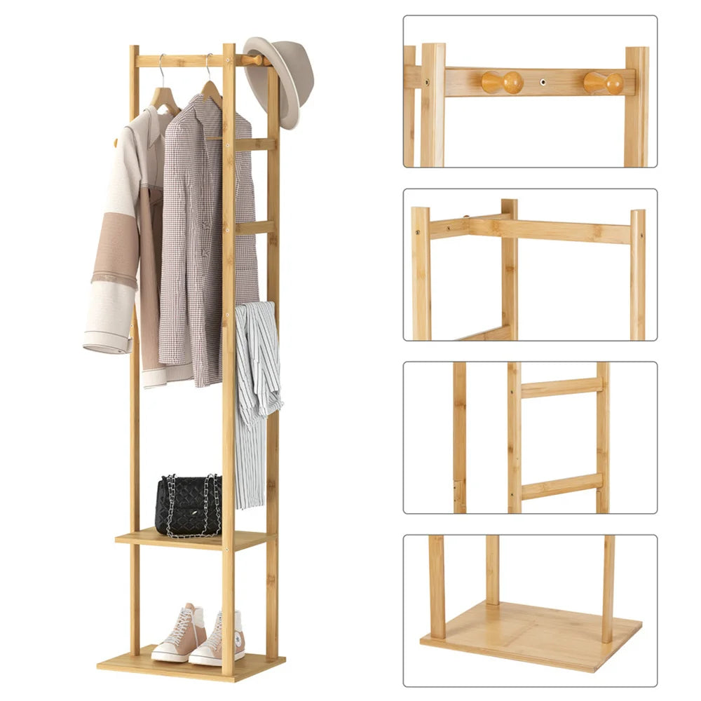 Bamboo Garment Coat Clothes Stand Rack Hat Shoe Wooden Hanger Holder Shelf Tidy Garment Hanging Rail Hooks