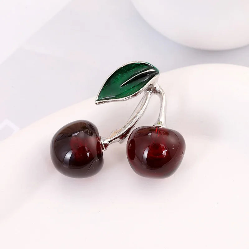 Fashion Crystal Dark Red Cherry Brooches For Women Clothing Cute Alloy Crystal Fruit Enamel Pins Party Jewelry Gifts