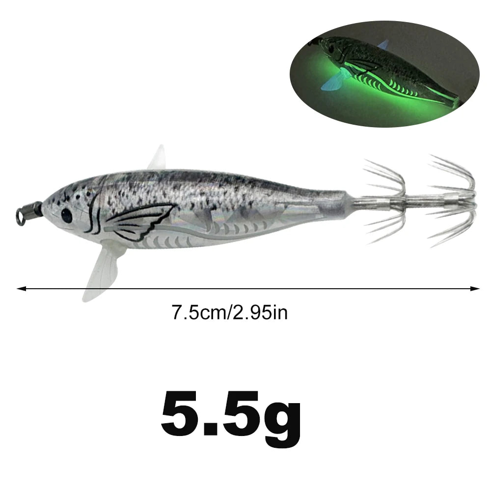 Horizontal wood Shrimp 5.5g Laser Luminous Floating Egi lure Squid Jigging Shrimp Octopus Cuttlefish Night Fishing Baits Sea