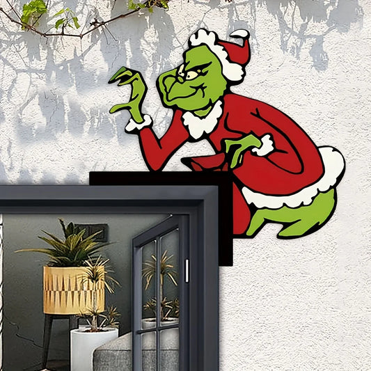 1pc Christmas Grinch Door Corner Decor, Santa - Clad Grinch Figure, Festive Home & Doorway Hanging Ornament