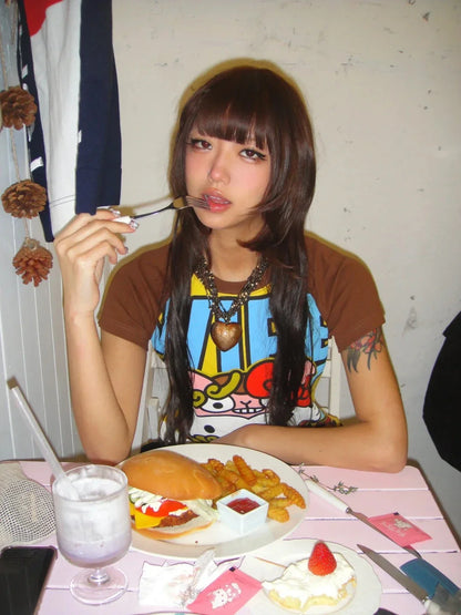 Y2K Sanrio Hello Kitty New Anime Fashion Short Tops Summer Cute Tees Cartoon Printed High Street Gothic Short Hottie T-shirts